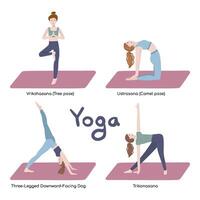 , trikonasana, drie legged neerwaartse geconfronteerd hond, ustrasana of camset van yoga posesel houding, vrikshasana. jong Dames tekens beoefenen Aan yoga mat. vlak illustraties vector