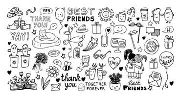 groot vriendschap clip art set. tekening verzameling met citaten, zoet, drankjes, partij decoratie. hand- getrokken pictogrammen vector