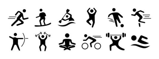 sport reeks icoon. rennen, surfen, kajakken, springen, voetbal, boogschieten, gewichtheffen, yoga, wielersport, zwemmen. fysiek werkzaamheid en geschiktheid concept. vector