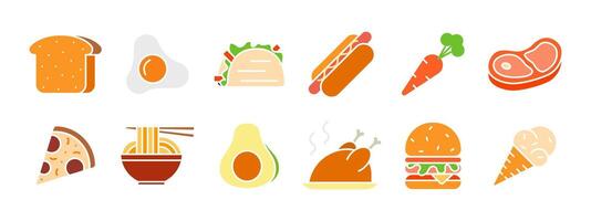voedsel reeks icoon. brood, gebakken ei, taco, heet hond, wortel, steak, pizza, ramen, avocado, gebraden kip, hamburger, ijs room ijshoorntje. voedsel, keuken. vector