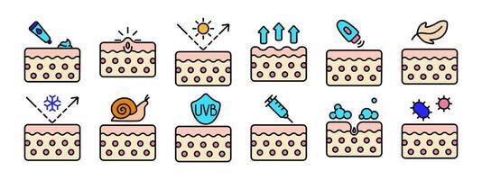 huid zorg reeks icoon. toepassen room, puistje, zon bescherming, absorptie, licht textuur, koeling effect, slak essence, uvb bescherming, injectie, schuim reiniging, bacterie bescherming. schoonheid. vector