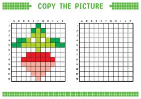 kopiëren de afbeelding, compleet de rooster afbeelding. leerzaam werkbladen tekening met vierkanten, kleur cel gebieden. kinderen peuter- activiteiten. tekenfilm, pixel kunst. raap illustratie. vector