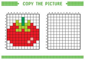 kopiëren de afbeelding, compleet de rooster afbeelding. leerzaam werkbladen tekening met vierkanten, kleur cel gebieden. kinderen peuter- activiteiten. tekenfilm, pixel kunst. rood tomaat illustratie. vector