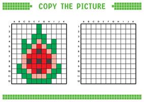 kopiëren de afbeelding, compleet de rooster afbeelding. leerzaam werkbladen tekening met vierkanten, kleur cel gebieden. kinderen peuter- activiteiten. tekenfilm , pixel kunst. rood draak fruit illustratie. vector