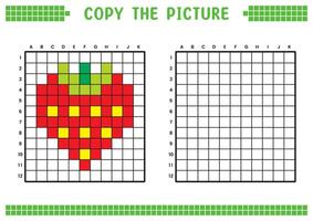 kopiëren de afbeelding, compleet de rooster afbeelding. leerzaam werkbladen tekening met vierkanten, kleur cel gebieden. kinderen peuter- activiteiten. tekenfilm, pixel kunst. rood aardbei illustratie. vector