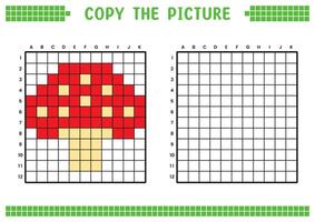 kopiëren de afbeelding, compleet de rooster afbeelding. leerzaam werkbladen tekening met vierkanten, kleur cel gebieden. kinderen peuter- activiteiten. tekenfilm, pixel kunst. paddestoel illustratie. vector