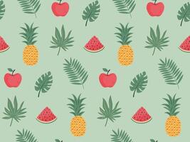 naadloos patroon met tropisch bladeren, ananas, watermeloen en appel. exotisch bloemen patroon voor ontwerp en textiel. zomer achtergrond in pastel kleuren. vector