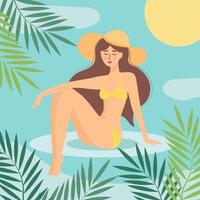mooi meisje in zwempak zittend en zonnen. tropisch bladeren in de omgeving van. zomer poster, banier of kaart. vector