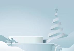 kerst 3d minimale weergegeven scène met geschenkdoos en podiumplatform. kerstboom achtergrond vector 3D-rendering met gouden podium. staan om producten te tonen. kerst 3d showcase op sokkel blauw