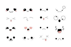 kawaii stijl gezichten manga anime emoties, grappig uitdrukkingen, schattig ogen verzameling geïsoleerd Aan wit achtergrond. tekening smiley humeur ontwerp elementen vector