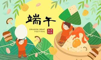 Chinese draak boot festival traditioneel rijst- knoedels .tekst vertalen draak boot festival vector