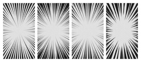 reeks van grappig boek Pagina's met zwart lijnen geïsoleerd Aan achtergrond. sjabloon met flash explosie stralen effect textuur. illustratie vector