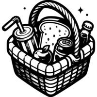 picknick mand in monochroom. boterhammen, fruit en Frisdrank in rieten mand. gemakkelijk minimalistisch in zwart inkt tekening Aan wit achtergrond vector