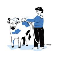 een Mens het baden een koe, dier zorg, eid al adha illustratie vector