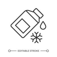 koelmiddel lineair icoon. fles en sneeuwvlok. auto winterklaar maken. winter auto onderhoud. antivries fles. dun lijn illustratie. contour symbool. schets tekening. bewerkbare beroerte vector