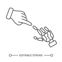 menselijk en robot handen lineair icoon. ai en menselijk interactie. kunstmatig intelligentie- verbinding. machine aan het leren. dun lijn illustratie. contour symbool. schets tekening. bewerkbare beroerte vector