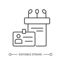 openbaar sprekend evenement lineair icoon. podium en ID kaart kenteken. professioneel evenement. paneel discussie. druk op conferentie. dun lijn illustratie. contour symbool. schets tekening. bewerkbare beroerte vector