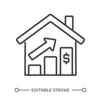 toenemen in huis prijzen lineair icoon. naar boven neiging diagram en een dollar teken. economisch groei. echt landgoed markt. dun lijn illustratie. contour symbool. schets tekening. bewerkbare beroerte vector