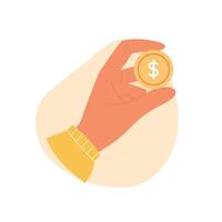 hand- met goud munt. besparing geld concept. contant geld valuta in vingers vector