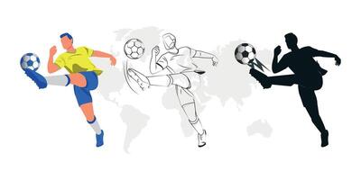 voetbal speler schoppen bal silhouet en lijn tekening Amerikaans voetbal speler illustratie vector