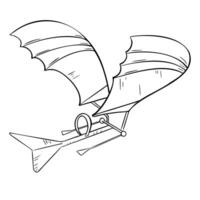 vliegtuig zwart en wit contour illustratie geïsoleerd. eerste uitvinding vliegtuig in inkt schets hand- getrokken. lucht vervoer element voor ontwerp jongen producten. wijnoogst vliegtuig silhouet. vector