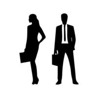 silhouetten van mannen en een Dames, een groep van staand bedrijf mensen, zwart kleur geïsoleerd Aan wit achtergrond vector