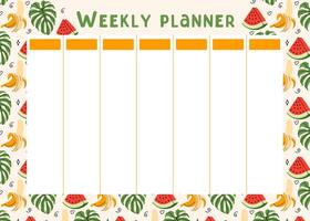 wekelijks zomer planner. planning van zomer vrije tijd en recreatie. achtergrond voor aantekeningen met tropisch flora. watermeloen, banaan en palm blad patroon. illustratie. vector