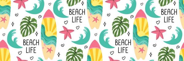 strand leven naadloos patroon. strand achtergrond met palm boom, surfplank, zee golven, zeester en tekening elementen. geschikt voor textiel ontwerp, verpakking, behang, scrapbooken. illustratie. vector
