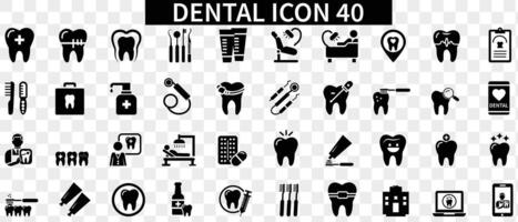 tandheelkundig icoon set. met tand, tandarts, tandpasta, tandenborstel, tanden, implantaat en tandheelkunde pictogrammen. solide zwart icoon verzameling. vector