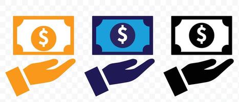 geld hand- icoon reeks met geld, hand, dollar pictogrammen illustratie vector