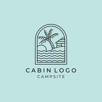 huisje of cabine lijn kunst gemakkelijk minimalistische logo illustratie ontwerp. insigne huisje Bij de strand en palm boom familie kamp lijn kunst minimalistische logo concept icoon gemakkelijk ontwerp vector