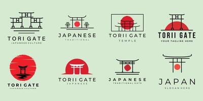reeks van torii poort logo wijnoogst en lijn kunst illustratie sjabloon icoon ontwerp. bundel verzameling van divers torii embleem Japans cultuur etiket vector
