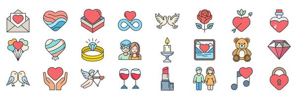 liefde pictogrammen set, inbegrepen pictogrammen net zo hart, roos, teddy beer, diamant en meer symbolen verzameling, logo geïsoleerd illustratie vector