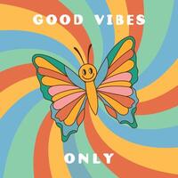 groovy achtergrond met glimlachen kleurrijk vlinder en kolken zonnestraal stralen. hippie retro stijl. mooi zo gevoel enkel en alleen. illustratie vector