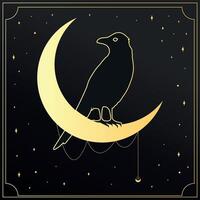 gouden kraai zittend Aan een halve maan embleem. mysterie, astrologie, esoterisch. illustratie vector