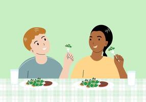 een jongen en meisje genieten van met salade en steak, gezond aan het eten levensstijl. vector