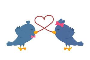 platte vectorillustratie van een paar tortelduifjes die worm eten, die de vorm van een hart maken. symbool van Sint-Valentijnsdag is blauwe vogels of duiven of dwergpapegaaien. tekening voor romantische wenskaart vector