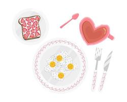 platte vectorillustratie van perfect ontbijt geïsoleerd op een witte achtergrond. brunch met eieren zoals harten, toast van brood met roomkaas en aardbei en mok groene thee. bruikbaar voor banner vector