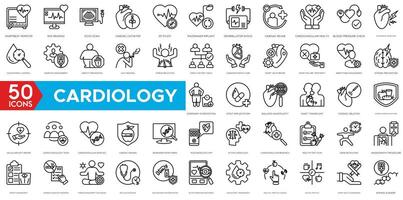 cardiologie icoon set. hartslag monitor, ekg lezing, echo scannen, hart- katheter, ep studie, pacemaker implantaat, defibrillator schok en hart- rehabilitatie vector