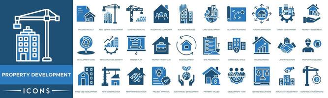 eigendom ontwikkeling icoon. behuizing projecteren, echt landgoed ontwikkeling, bouw plaats, woon- gemeenschap, gebouw voortgang, land- ontwikkeling, blauwdruk planning, behuizing uitbreiding vector
