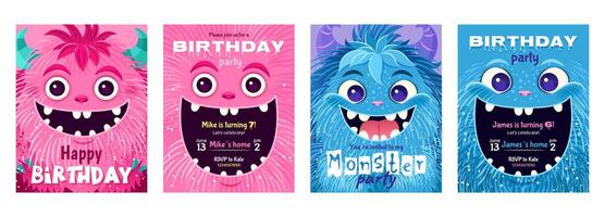 monster partij uitnodiging set. gelukkig verjaardag groet kaarten. feestelijk ansichtkaarten met een pluizig tekenfilm monster. ontwerp met een schattig schepsels voor uw viering evenement. gelaagde Sjablonen. vector