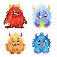 reeks van schattig weinig monsters. fictief schepsels voor kinderen afdrukken, affiches, kaarten, halloween ontwerpen. tekenfilm illustraties. geïsoleerd magisch pluizig dieren Aan wit achtergrond. clip art. vector