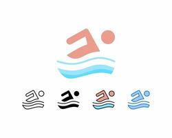 zwemmen icon.set 5 icoon zwembad en sporten,lijn, schets, glyph, gevuld lijn, plat kleur, en blauw kleur.bewerkbaar beroertes en pixel perfect.kan worden gebruikt voor digitaal producten, prints enz. vector