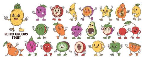 retro groovy antropomorf tekenfilm vruchten. grappig tekens bessen en fruit in modieus stijl. stickers verzameling. vector