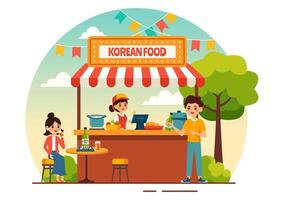 Koreaans voedsel illustratie met een reeks menu van divers traditioneel en heerlijk nationaal gerechten in een vlak tekenfilm stijl achtergrond vector