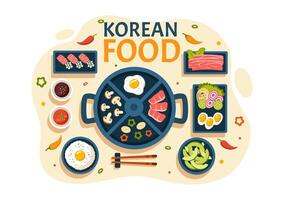 Koreaans voedsel illustratie met een reeks menu van divers traditioneel en heerlijk nationaal gerechten in een vlak tekenfilm stijl achtergrond vector