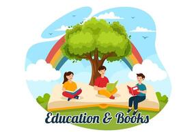 onderwijs en kennis boeken illustratie met mensen aan het studeren of lezing boeken voor aan het leren in een vlak stijl tekenfilm achtergrond vector