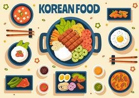 Koreaans voedsel illustratie met een reeks menu van divers traditioneel en heerlijk nationaal gerechten in een vlak tekenfilm stijl achtergrond vector