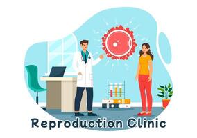 reproductie kliniek illustratie met bijgestaan voortplantings- technologie, test buis bevruchting of ei cel in een tekenfilm achtergrond vector