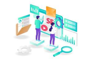 het concept van isometrische platte illustratie seo-optimalisatie en webontwikkelaar vector